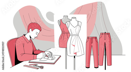 Fashion designer creating sketch of dress concept clothing development process illustration