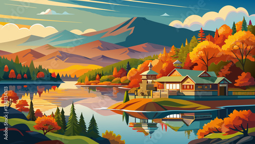 Very beautiful Hiawassee, Georgia, USA, with scenic view of Chatuge Lake in autumn, vector-style illustration capturing colorful reflections and serene mountain landscape.