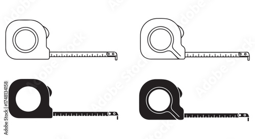 Four different styles of tape measure icons, including line art and silhouette versions, isolated on transparent background