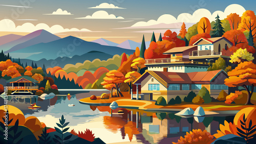 Very beautiful Hiawassee, Georgia, USA, with scenic view of Chatuge Lake in autumn, vector-style illustration capturing colorful reflections and serene mountain landscape.