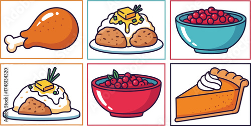 Vector art of a Thanksgiving food illustration with turkey, mashed potatoes, cranberry sauce, and pumpkin pie