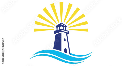 Stylized lighthouse with radiating sunbeams and wavy water isolated on transparent background