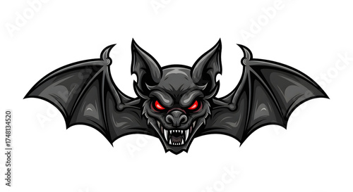 Intense bat mascot with striking red eyes and sharp fangs, perfect for Halloween designs, gaming logos, and spooky themed projects, originally vector graphics