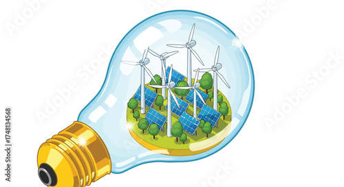 A lightbulb containing a miniature landscape of wind turbines and solar panels, symbolizing renewable energy.