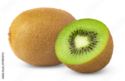 Ripe whole green kiwi fruit and half isolated.