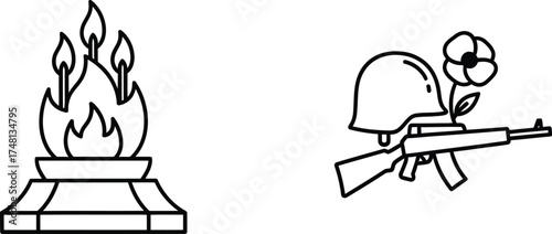 Vector art of eternal flame and soldiers' equipment for the Remembrance Day concept