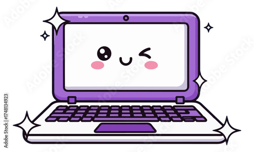 Shiny, Cute Laptop Mascot: A Kawaii Vector Illustration of a Winking Portable Computer with Sparkles and a Friendly Face, Representing New Technology and User-Friendly Design