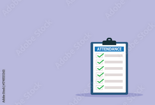 attendance clipboard with checklist. Questionnaire, survey, clipboard, task list. Flat design