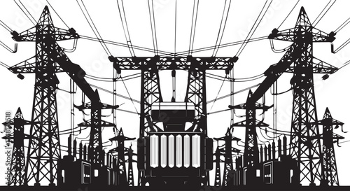 Silhouette of electrical transmission towers and substation equipment against a transparent background, illustrating power infrastructure and energy distribution