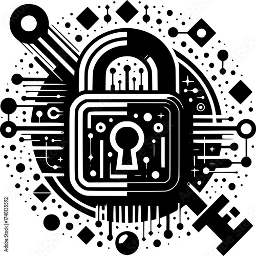 Digital Fortress: A stylized depiction of a padlock and key intertwined with intricate digital pathways, symbolizing cybersecurity.