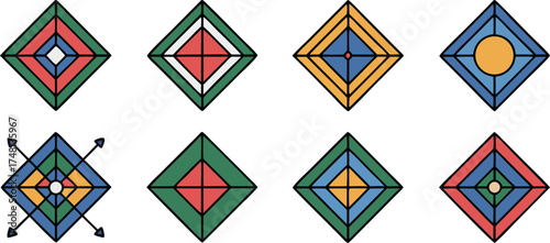 Abstract Geometric Style Icons with Layered Diamond Shapes and Color Variations