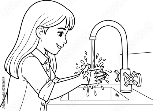 Smiling woman washing hands under running water in sink, promoting hygiene, cleanliness, health safety, and proper handwashing technique illustration