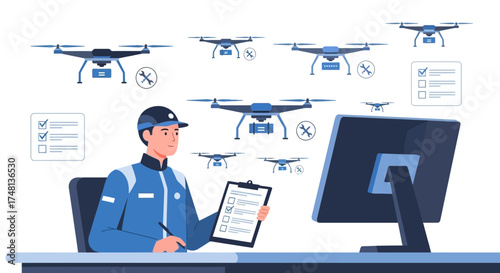 Drone maintenance and repair service inspection checklist with worker at computer analyzing data