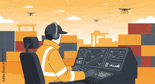 Drone logistics and supply chain management with operator overseeing drone fleet at the port