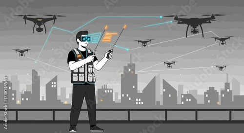 Drone operator controlling a swarm over cityscape using augmented reality interface, featuring