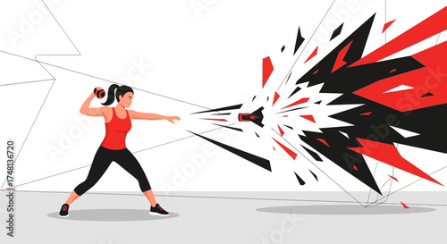 Dynamic strength: Woman throwing a medicine ball with energy blast visualization