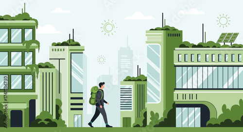 Eco-Friendly Cityscape: A man walks through a green urban environment with sustainable buildings