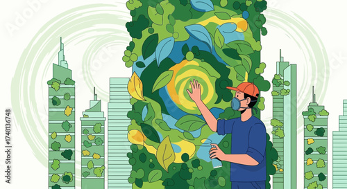 Eco-Friendly Urban Art: A Man Paints a Green Earth Mural in a Cityscape Depicting Sustainable Future