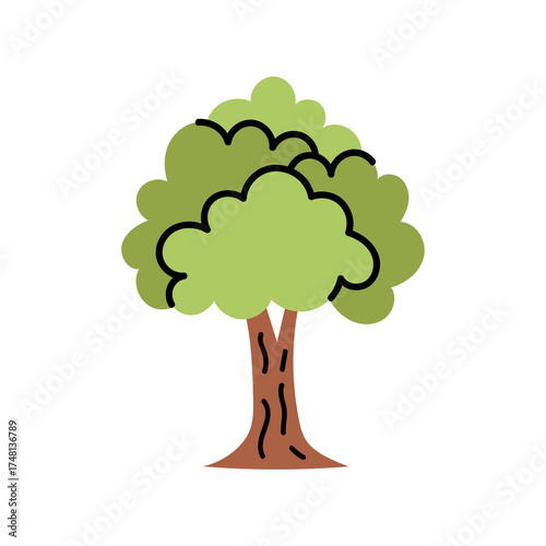 A hand drawn green leaf tree with brown trunk and branches isolated on transparent white background simple doodle illustration art style