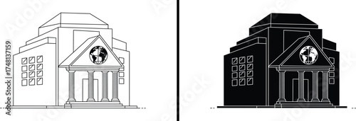 Global Bank Building Icon, International Finance and Investment Vector