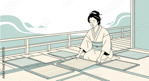 Elegant Japanese woman in traditional kimono arranging tatami mats on a veranda with a scenic view