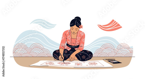 Elegant woman in traditional attire, focused on painting flowers with delicate precision and