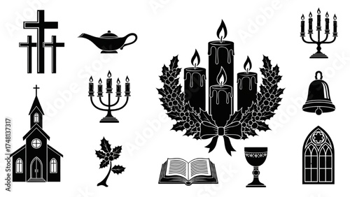 Christian Religious Symbol Silhouettes – Black Monochrome Icons of Cross, Church, Candles, Chalice, Bible, and Holly Wreath on White Background