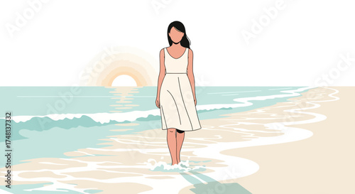 Elegant woman in white dress strolling along sandy beach at sunset creating serene scene