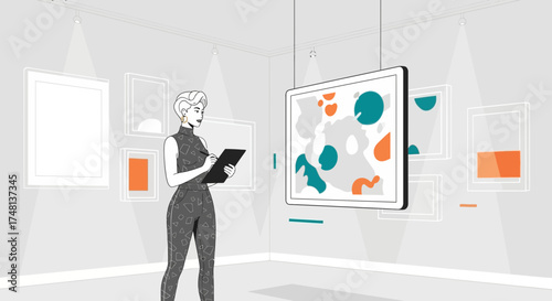 Elegant woman with clipboard in a modern art gallery exhibition evaluates artworks