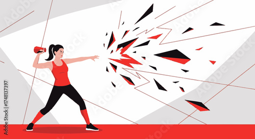 Empowered woman smashing through limitations with explosive force and determination illustration