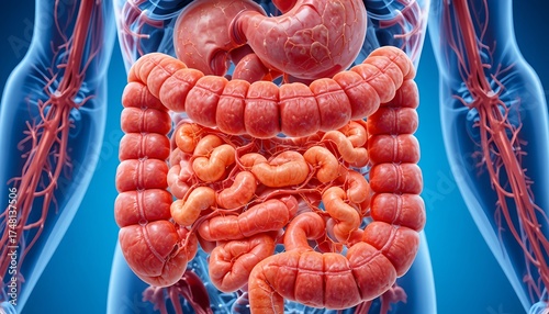 3D medical illustration showing the human digestive system, including stomach, intestines, and blood vessels, used for anatomy education and scientific visualization