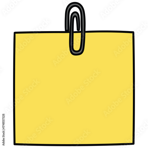 Hand-drawn cartoon paper clip with empty yellow notepaper on a white background.