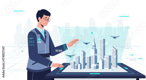 Engineer managing smart city model using drones and advanced technology interface