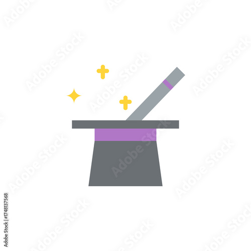 A Gray Top Hat With a Purple Band and a Magic Wand Emitting Golden Sparkles Against a Transparent Background in a Flat Design Style