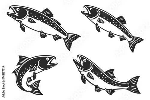 Minimalist trout fish icons set in black and yellow