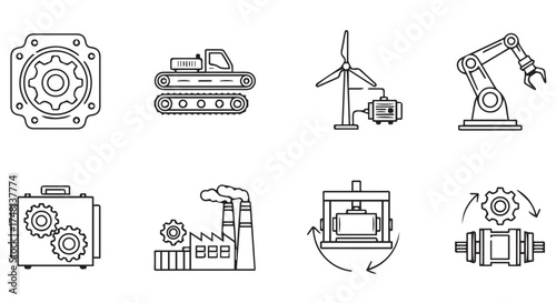 A set of industrial machinery icons including a gearbox, excavator, wind turbine, robotic arm, factory, and press isolated on transparent background