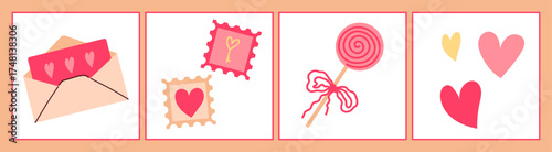 Valentine’s Day Cards Set. Love Letters, Envelope, Lollipop, Post Stamps and Hearts. Love Poster. Vector Illustrations
