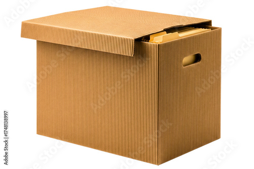 Corrugated cardboard archive box filled with office file folders isolated with transparent background