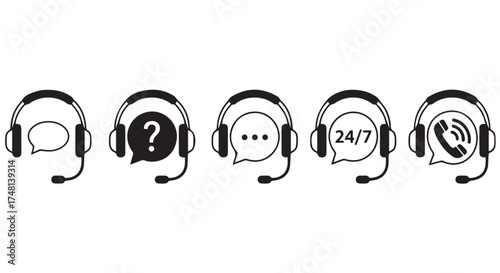 Collection of headset icons with speech bubbles, question marks, and 247 symbol, representing customer support and communication, isolated on transparent background