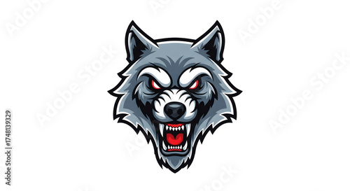 Fierce wolf head mascot with glowing red eyes and bared teeth, great for sports team logo or gaming brand identity, conveys power and determination