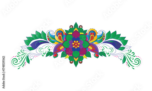 Colorful floral design element isolated on white background, featuring vibrant hues and intricate paisley patterns