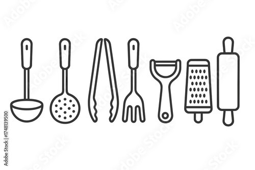 Set of basic kitchen utensils line icons including ladle skimmer tongs fork peeler grater and rolling pin