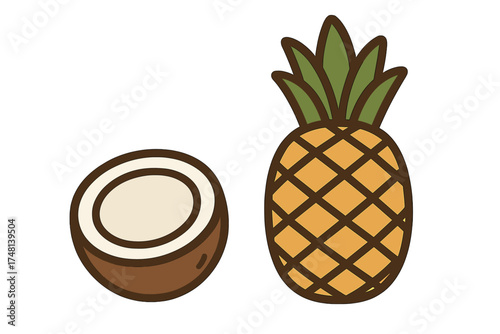 Set of tropical fruit icons with whole pineapple and halved coconut