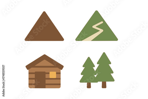 Simple outdoor and wilderness icons featuring cabin, mountain, and trees