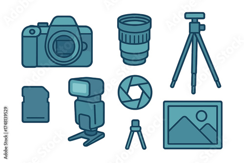 Set of essential photography equipment icons: camera, lens, and tripod