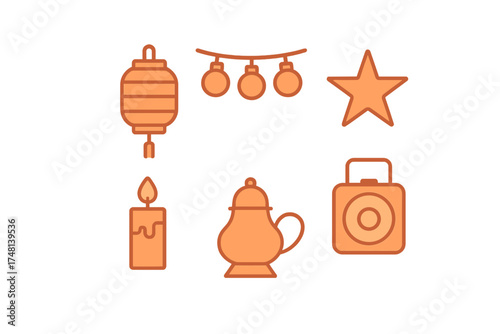 Glowing orange icons set for celebration and holiday decoration themes