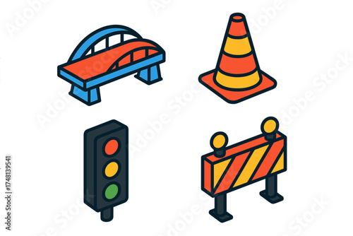 Isometric set of construction and traffic control icons featuring bridge and barrier