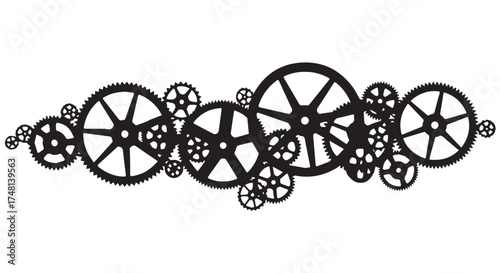 Interlocking gears of various sizes in black silhouette, isolated on transparent background
