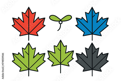 Collection of colorful stylized maple leaves and a small plant sprout icon designs