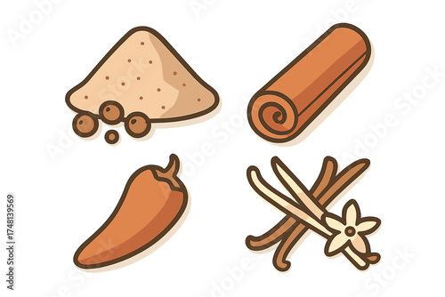 Set of four common culinary ingredients: cinnamon, vanilla, chili, and spice